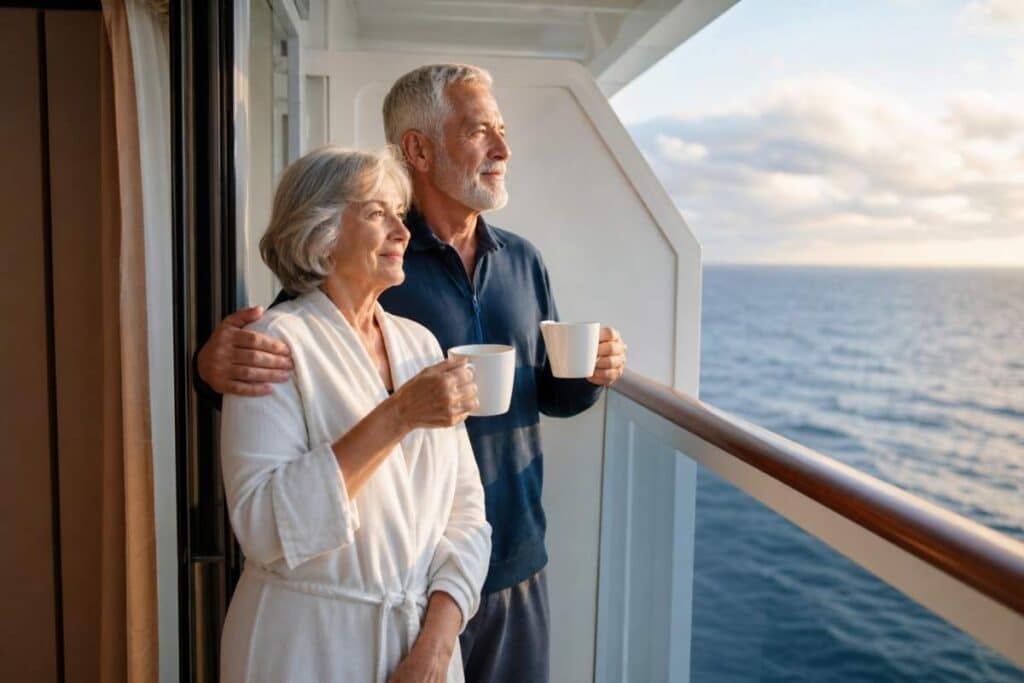 Senior couple enjoying best cruise lines balcony comfort