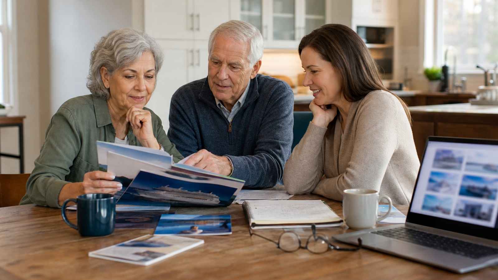 Seniors comparing best cruise lines at a kitchen table
