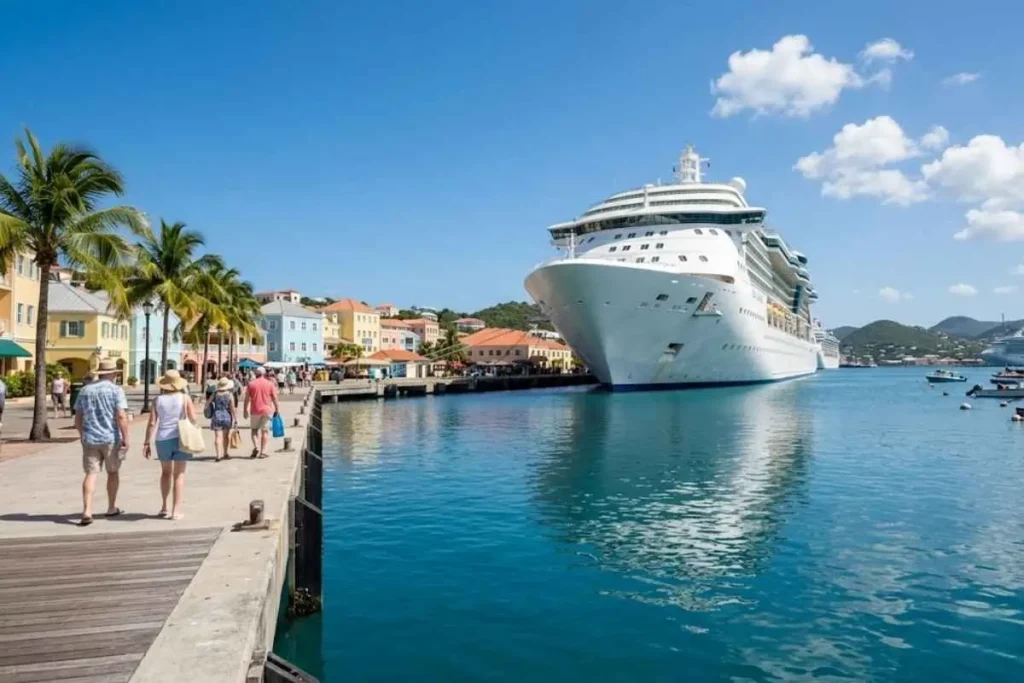 Large white cruise ship docked at a vibrant Caribbean port with
palm trees and tourists on the pier, illustrating how much is a
cruise across different price tiers and cruise lines