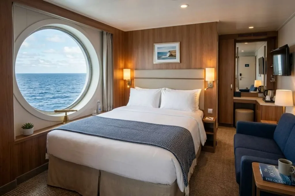 Clean and comfortable cruise ship oceanview cabin with porthole
window and ocean view, a mid-range option for seniors asking
how much is a cruise
