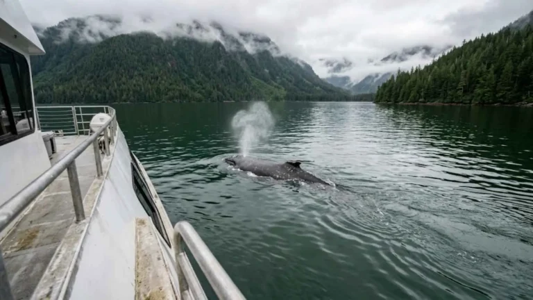 A humpback whale surfacing close to a whale watching cruise vessel in Alaska's sheltered Inside Passage, with forested mountains visible in the background