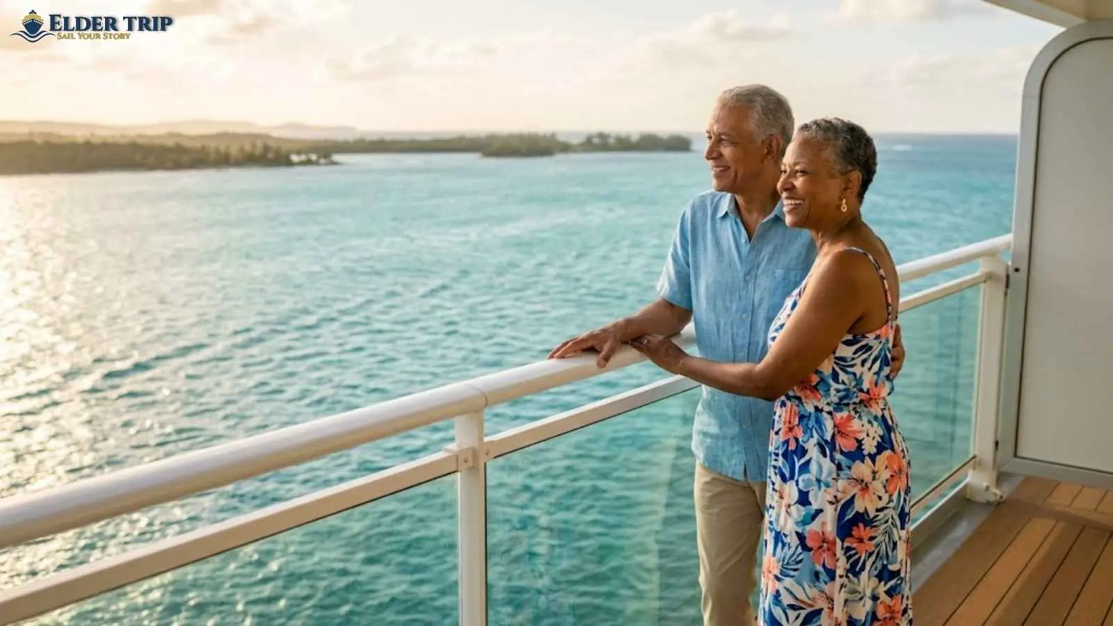 Senior couple on cruise ship balcony overlooking Caribbean sea, relaxed and happy after planning how much is a cruise in advance