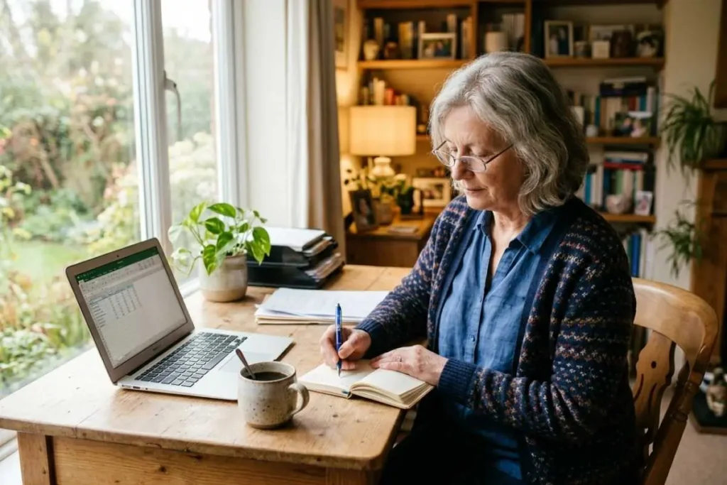 Senior woman writing cruise budget in a notebook with a
spreadsheet open on her laptop, planning how much is a cruise
for her upcoming vacation
