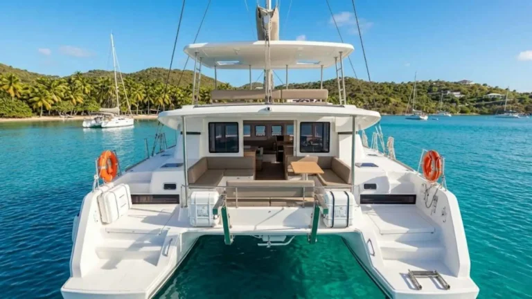 Wide catamaran cruise deck with calm turquoise water and open horizon, ideal for senior shore excursions