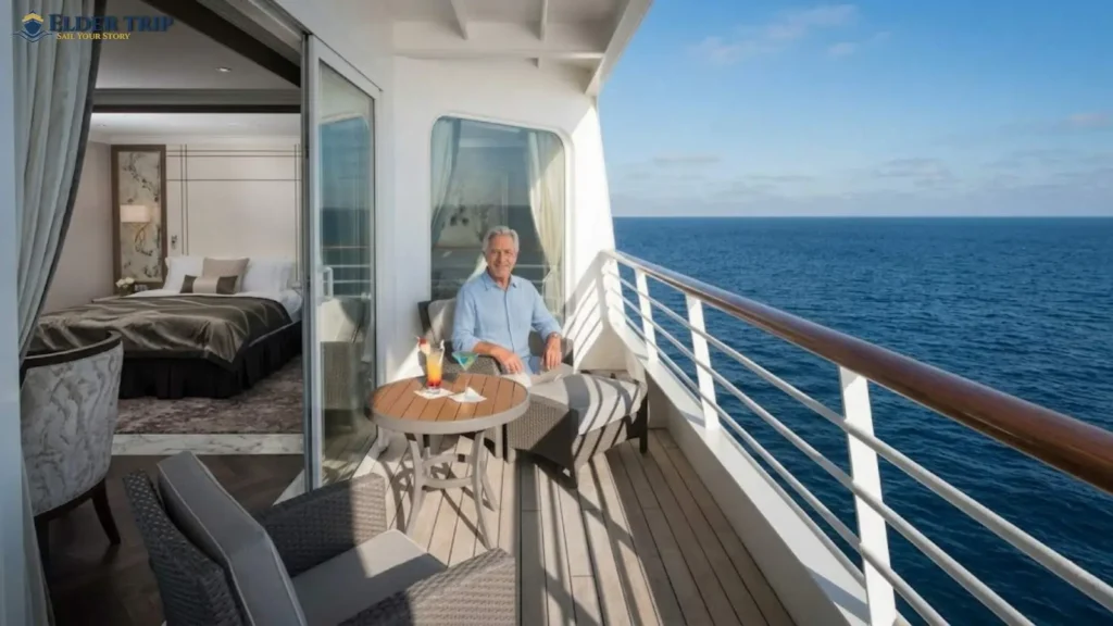 Private balcony suite on an all inclusive luxury cruise — Regent Seven Seas entry-level suites start at over 300 square feet with ocean views
