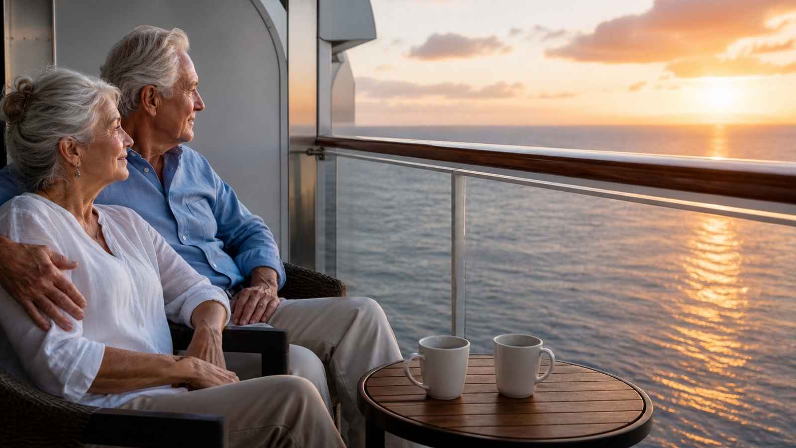 Senior couple enjoying cruise lines for couples from a quiet balcony