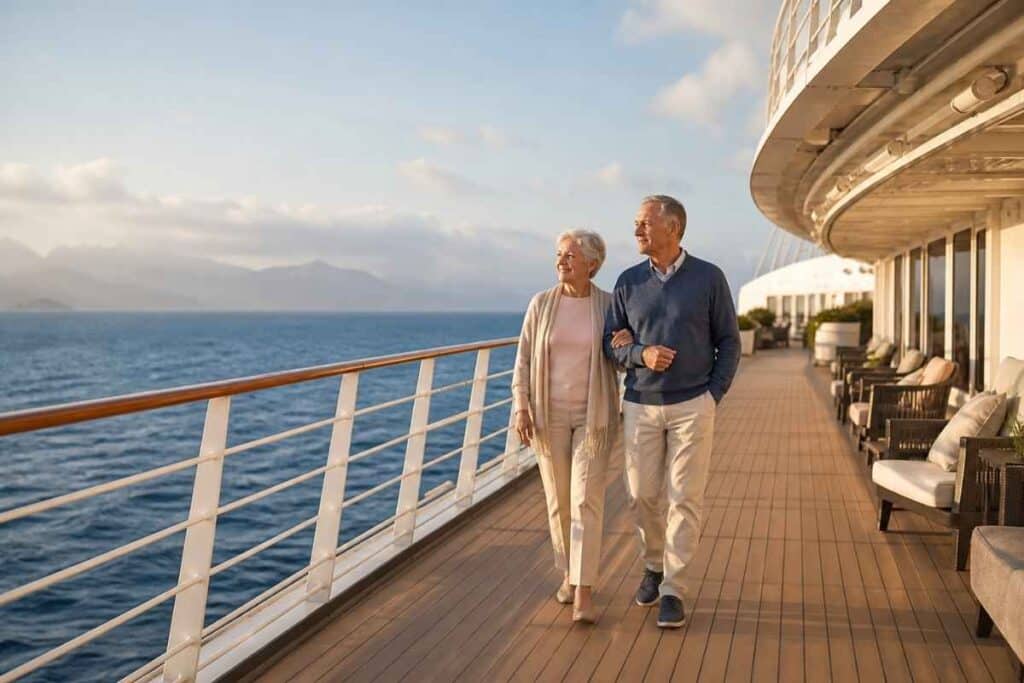 Older couple walking calmly on cruise lines for couples deck