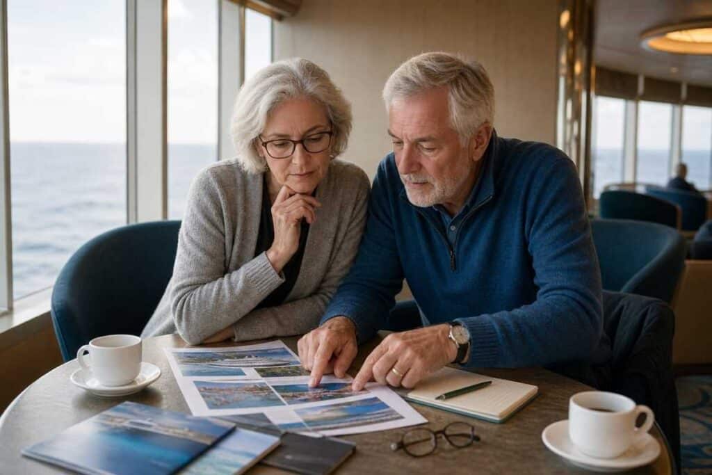 Senior couple comparing cruise lines for couples in an observation lounge