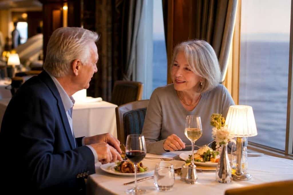 Older couple testing cruise lines for couples in a quiet dining room