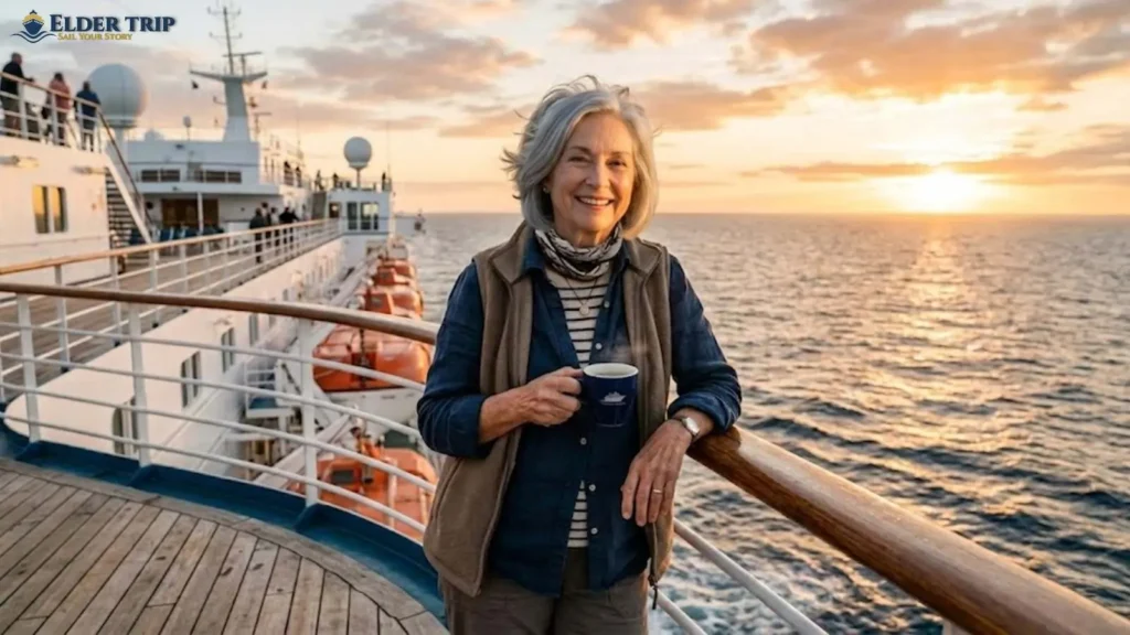 Senior woman traveling solo on cruise ship deck — how much does 
a cruise cost for a solo traveler depends on the single supplement
