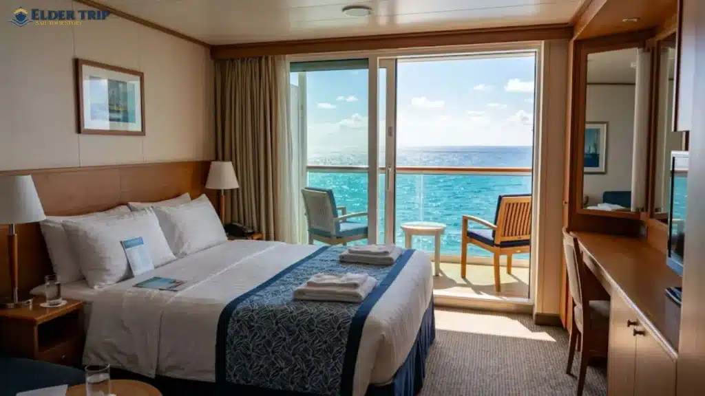 Cruise ship balcony stateroom with ocean view — balcony cabins 
add $400 to $700 to how much a cruise costs per person