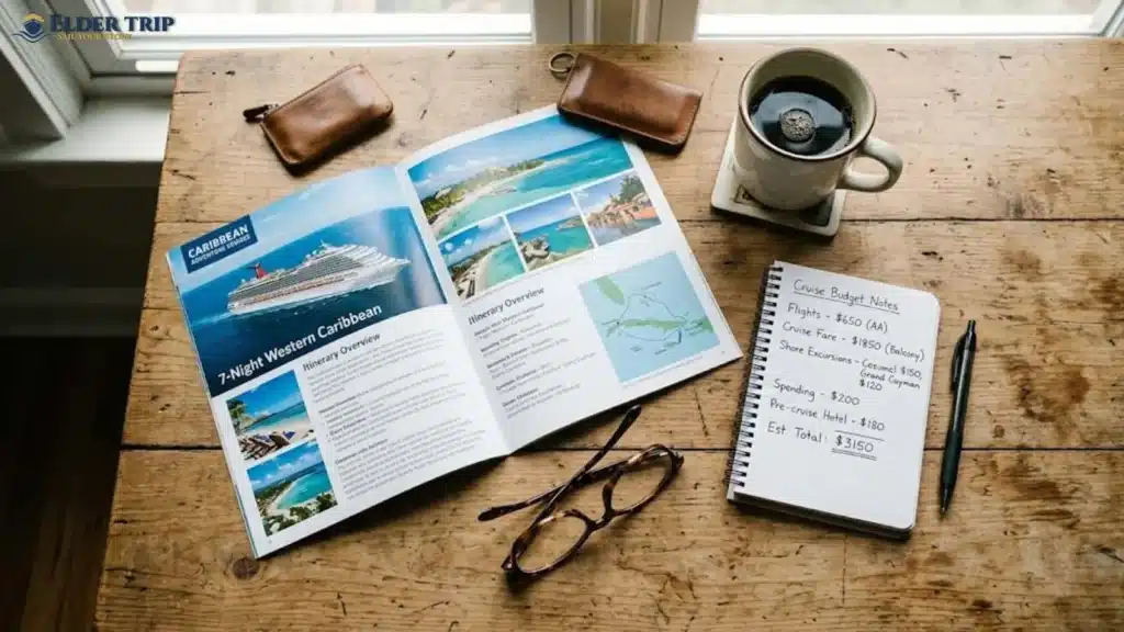 Cruise travel budget planning with notebook and itinerary — building an honest answer to how much does a cruise cost before you book