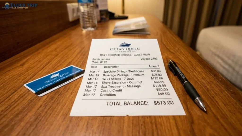 Cruise ship onboard expense receipt showing extras — the hidden 
costs that explain why a cruise costs more than the headline fare