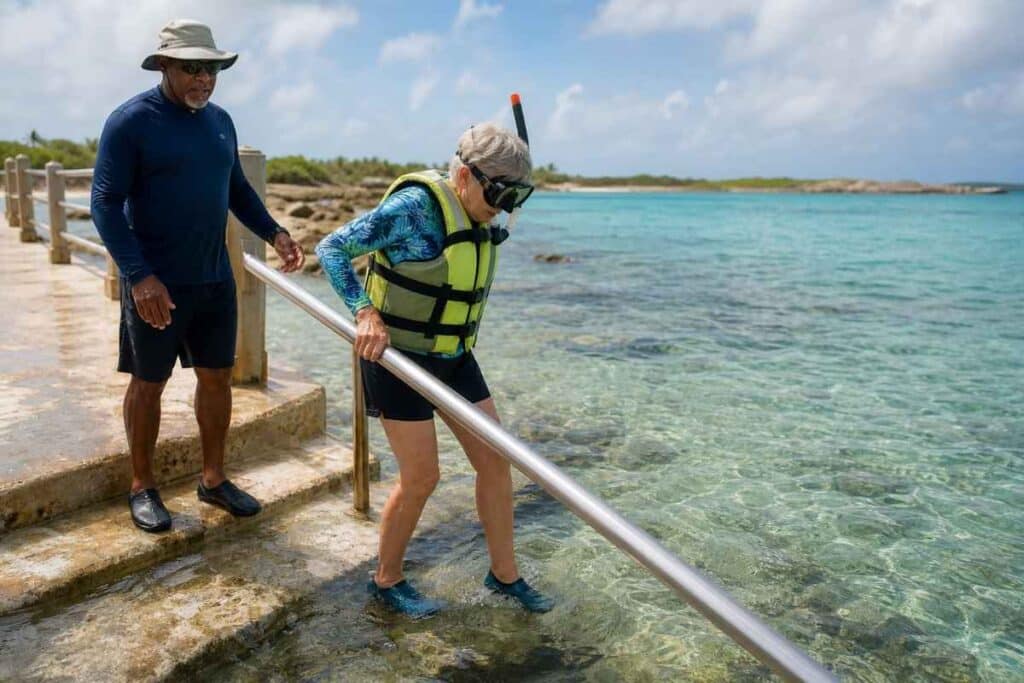 Safe shore entry for a snorkeling shore excursion with handrail