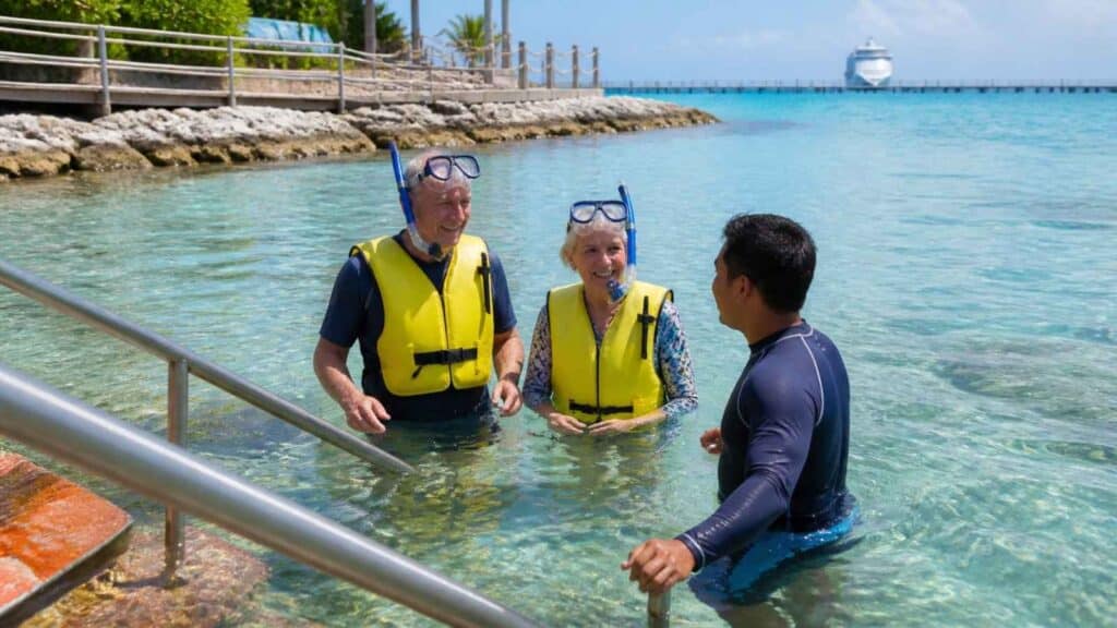 Seniors enjoying a snorkeling shore excursion in calm Caribbean water