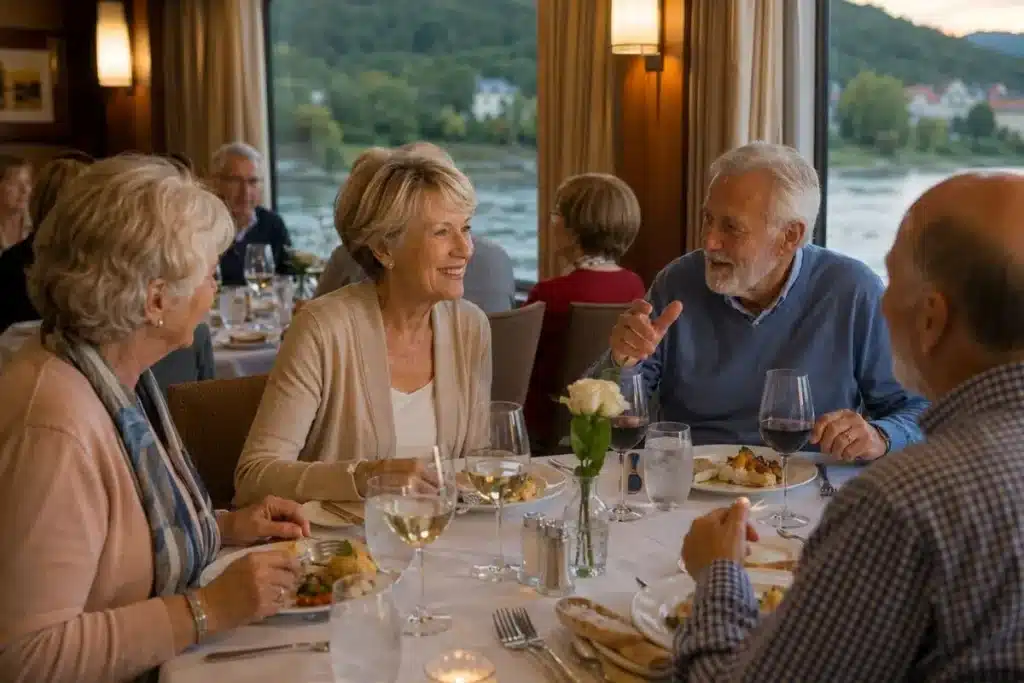 Solo river cruise for seniors dining with friendly passengers