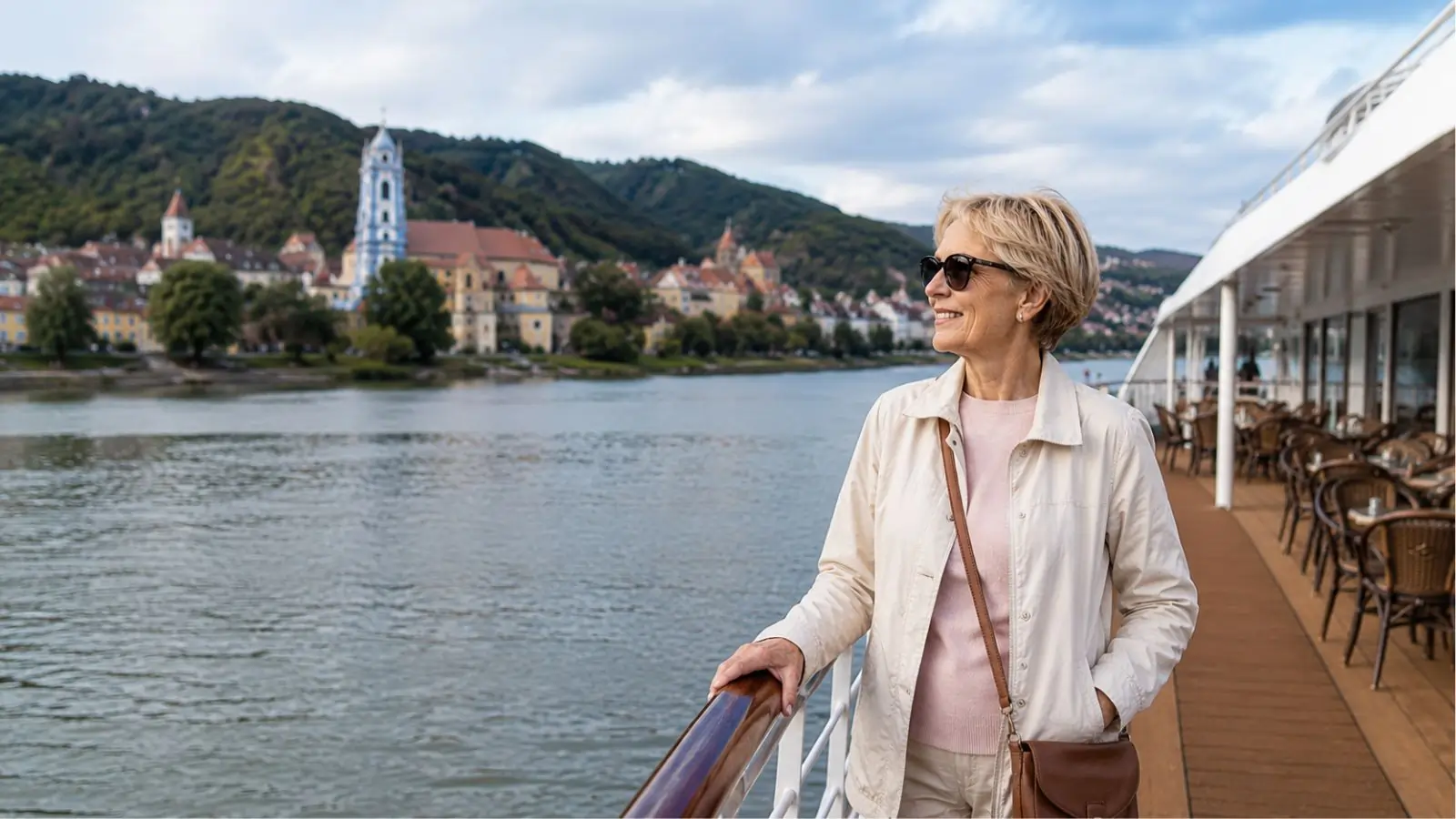 Senior woman enjoying a solo river cruise for seniors on deck