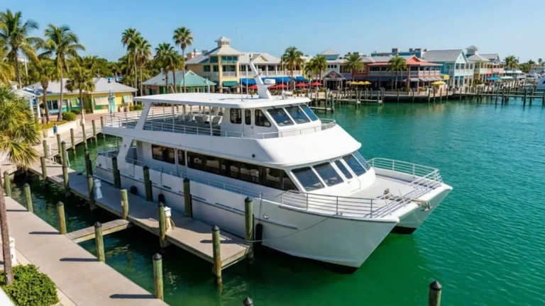 The Southern Star 80-foot glass-bottom boat docked at HarborWalk Village, ready for the dolphin cruise Destin FL morning departure