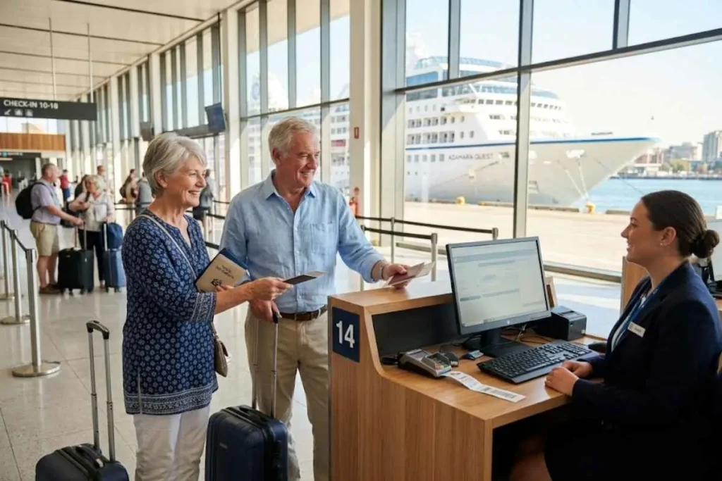 Happy senior couple at cruise ship check-in counter with
white ship visible through terminal windows, having booked
at the best time to book a cruise for maximum cabin choice
