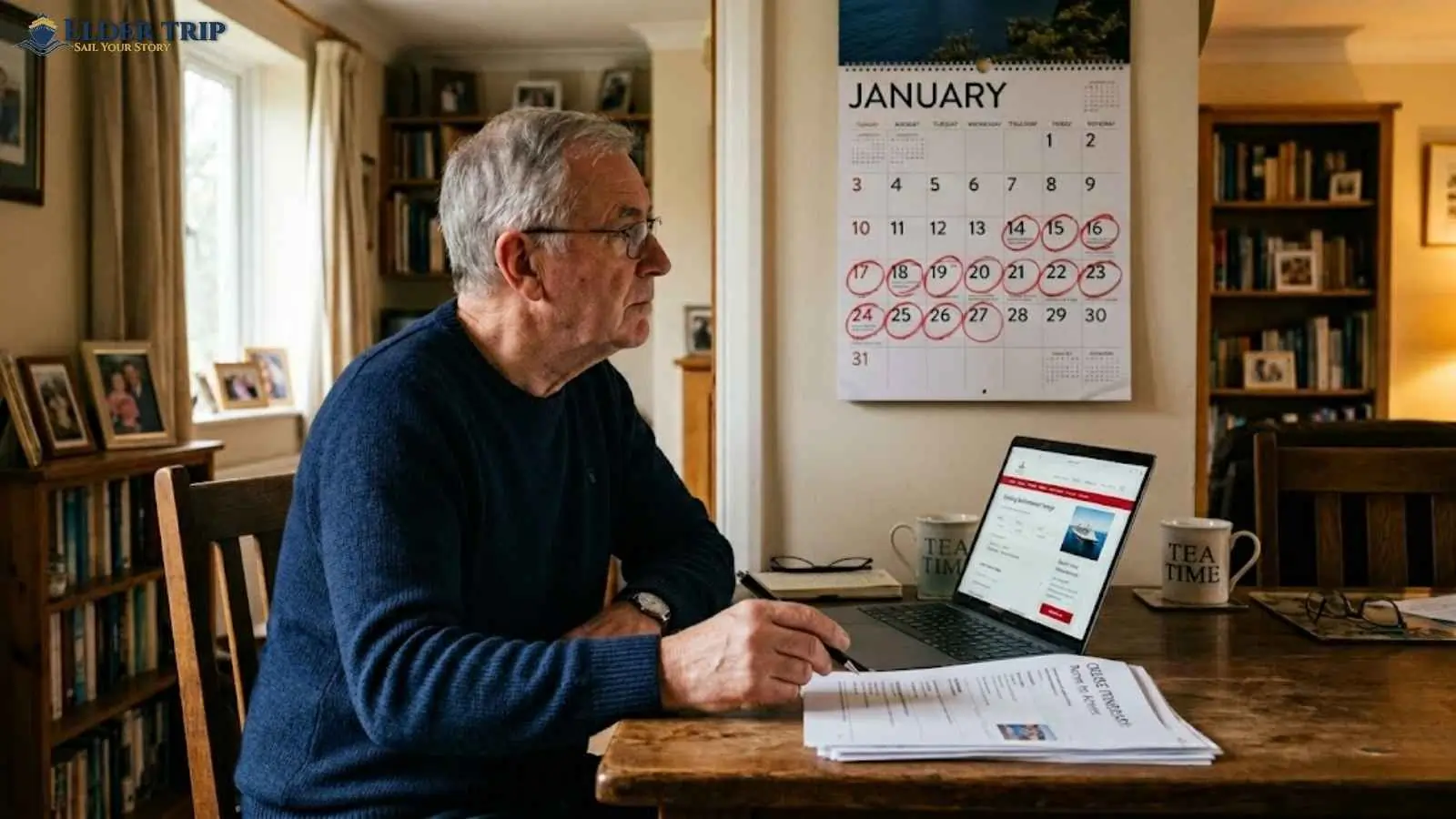 Senior man at home desk with cruise booking website open on laptop, circling January dates on a wall calendar to find the best time to book a cruise