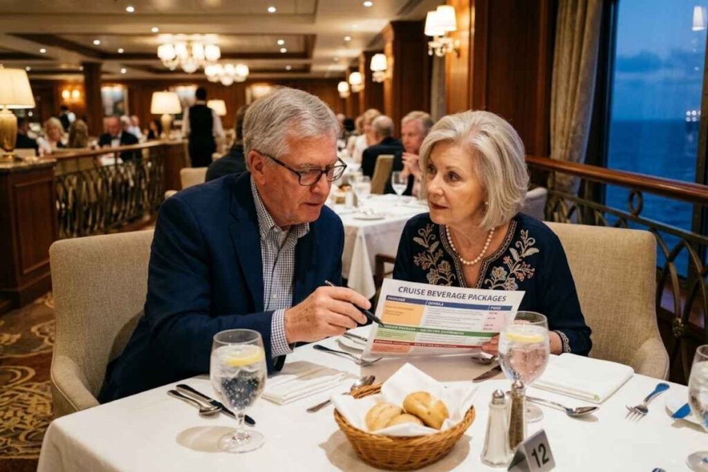  Senior couple at cruise ship restaurant table reviewing beverage package pricing together, calculating whether the cruise drink package all-cabin requirement makes sense for their habits