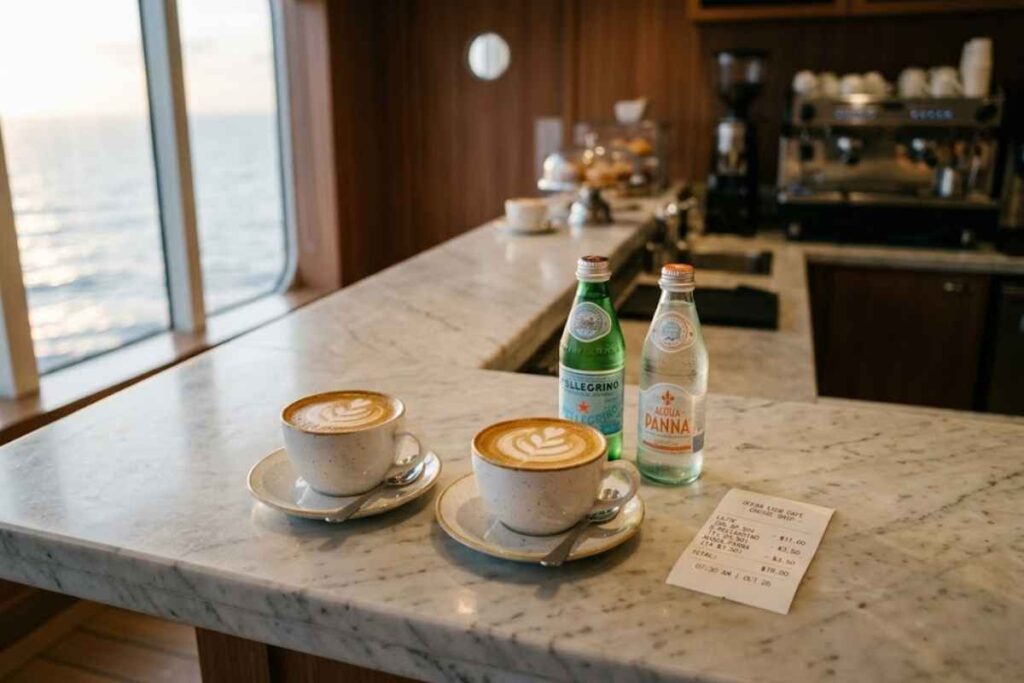   Two lattes and two sparkling water bottles on a cruise ship cafe counter beside a price receipt, showing how specialty coffee lowers the break-even number for the cruise drink package
