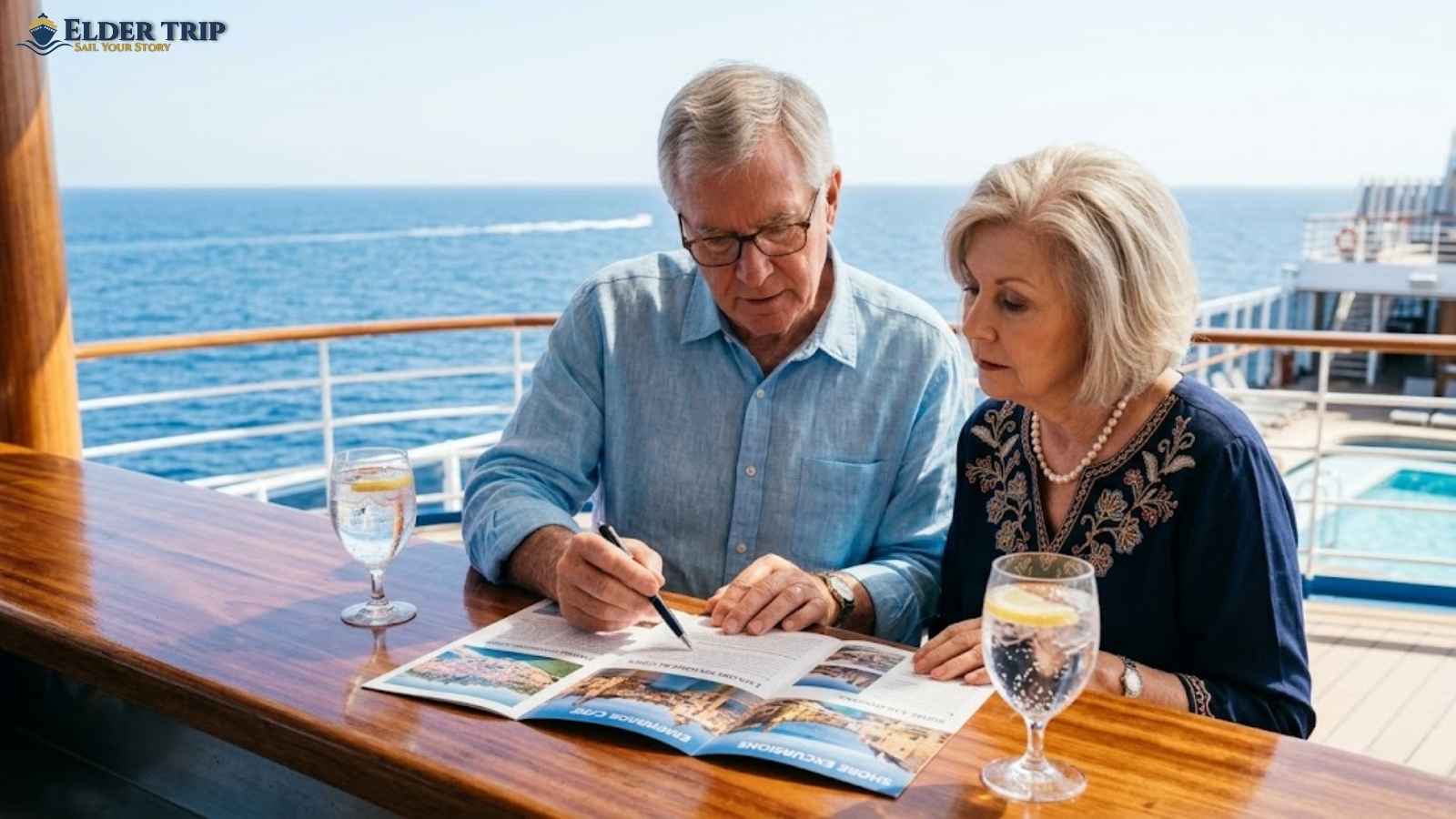 Senior couple at cruise ship bar counter looking at a package brochure together, carefully calculating whether the cruise drink package is worth the cost