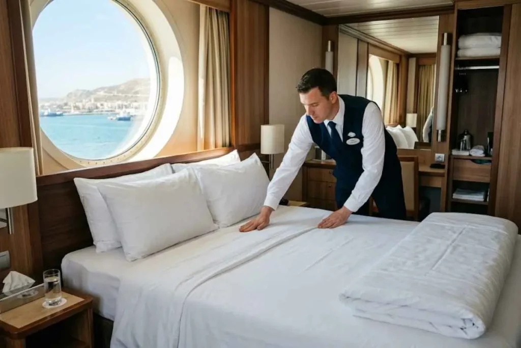 Cruise ship cabin steward in white uniform making a bed in a clean stateroom, representing the crew who depend on cruise gratuities distributed through the pooled system