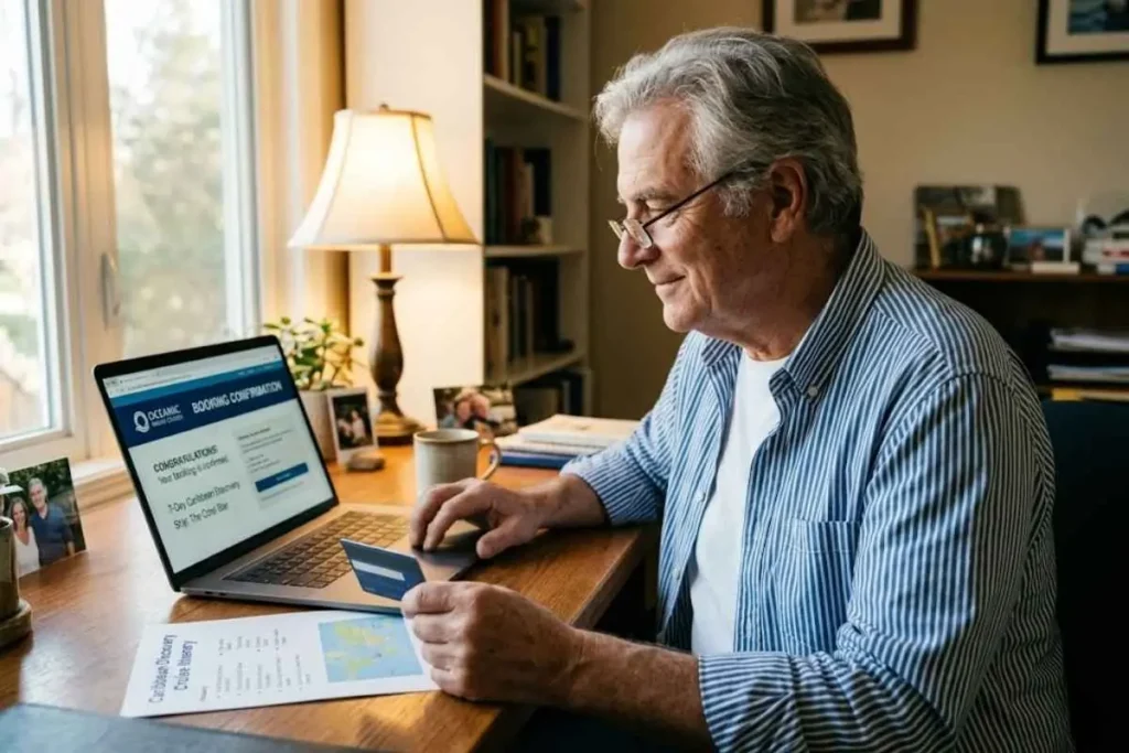Senior man with grey hair and reading glasses at home desk using laptop to prepay cruise gratuities online before his sailing, holding a credit card calmly