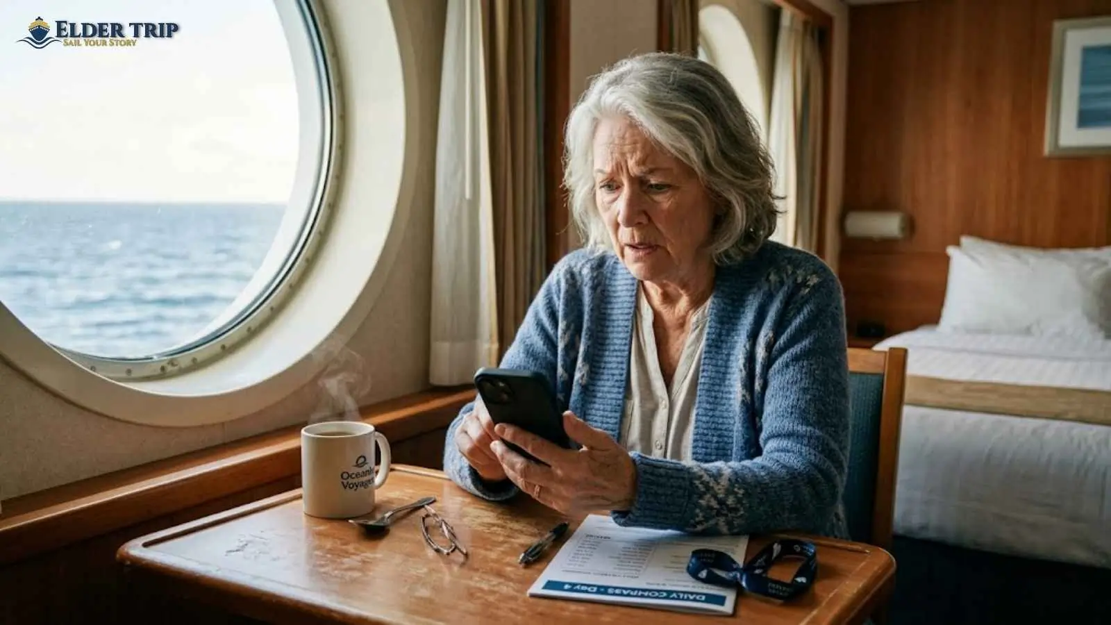 Senior woman with grey hair looking surprised at cruise app showing daily charges in a ship cabin, discovering how much cruise gratuities add up over seven nights