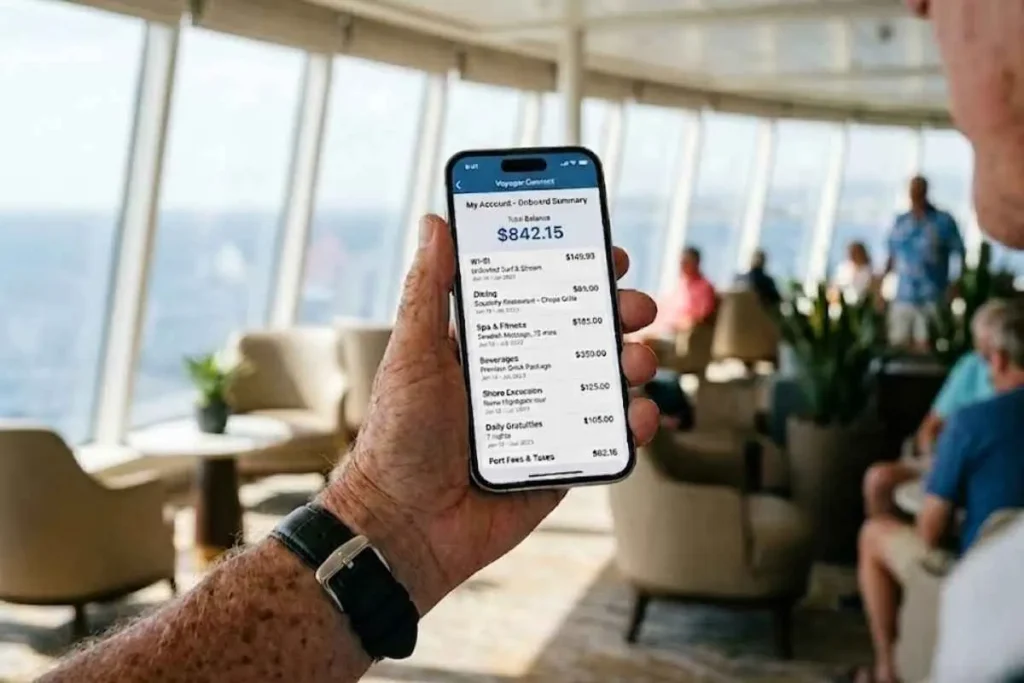 Senior man holding smartphone showing cruise ship onboard account app with itemized charges, monitoring cruise hidden fees daily during the voyage