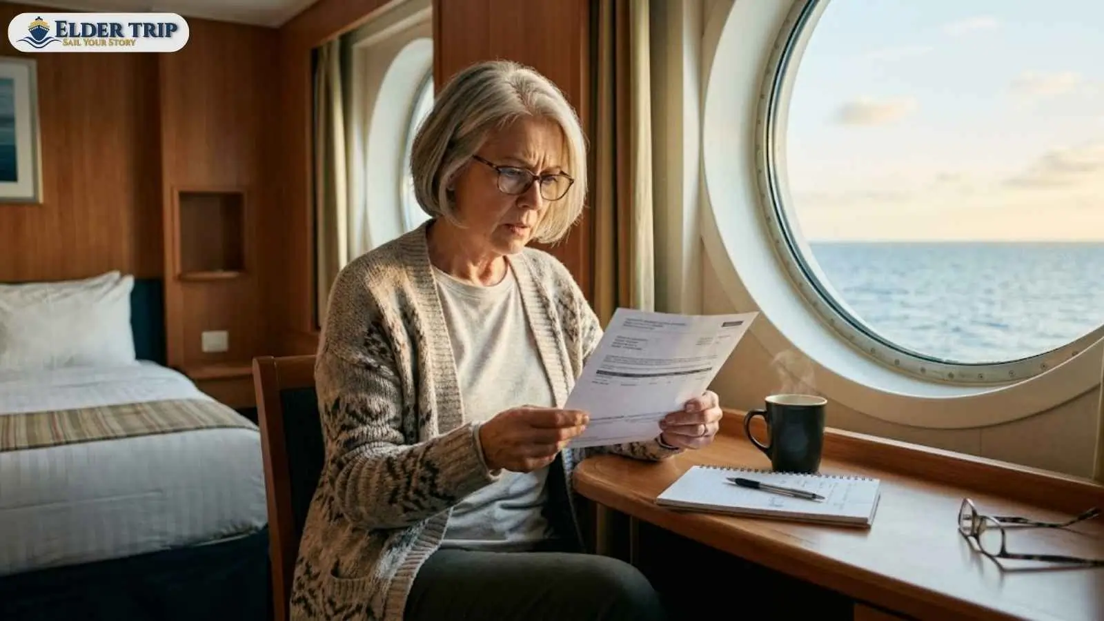 Woman in cruise ship cabin looking surprised at her printed final statement, discovering cruise hidden fees that were not in her original budget