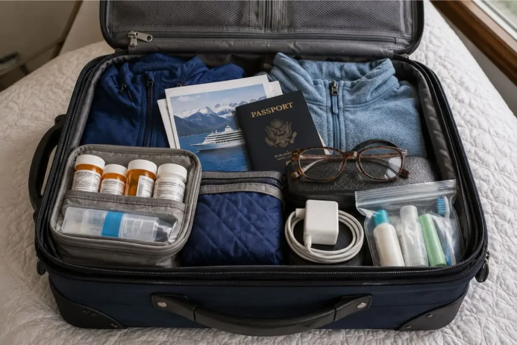 Carry-on essentials in an alaska cruise packing list with medication and passport
