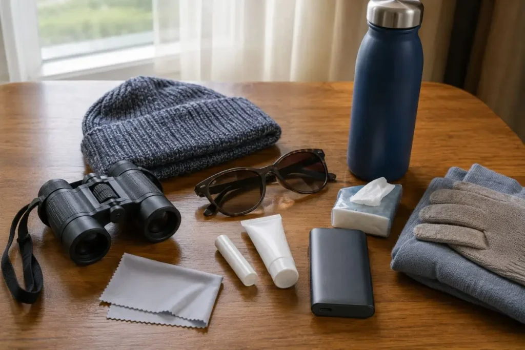 Small extras for an alaska cruise packing list with binoculars and water bottle