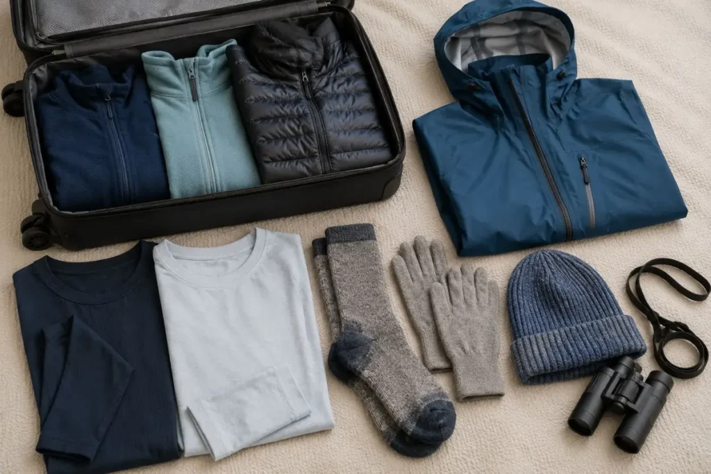 Flat lay of an alaska cruise packing list with layers and binoculars