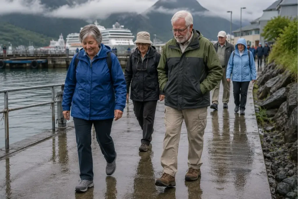 Older travelers wearing grippy shoes for an alaska cruise packing list