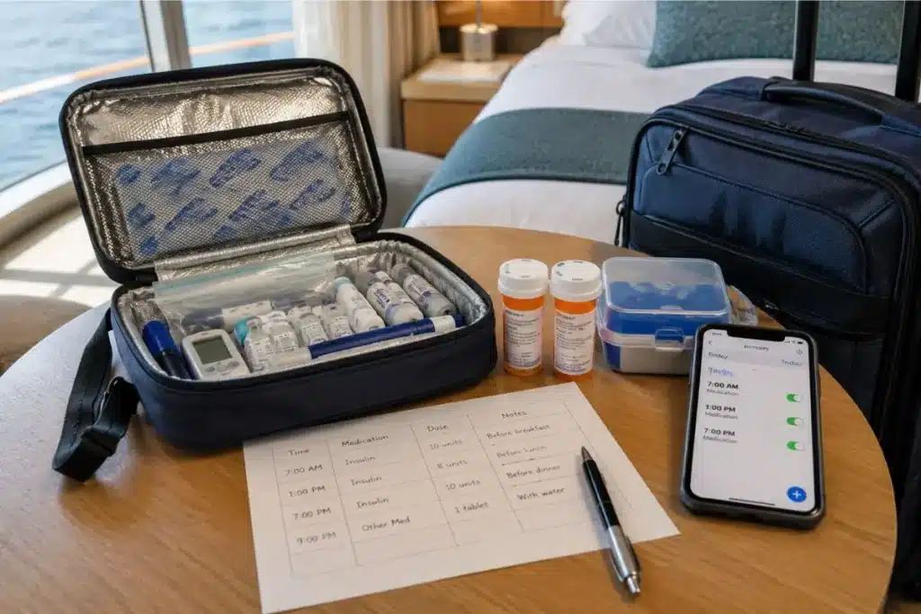 Insulated pouch and bottles for a cruise medication packing list with temperature-sensitive medicine