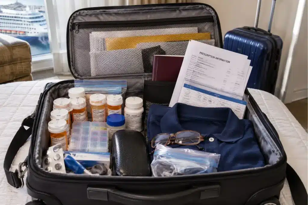 Older couple reviewing medicines for a cruise medication packing list before travel