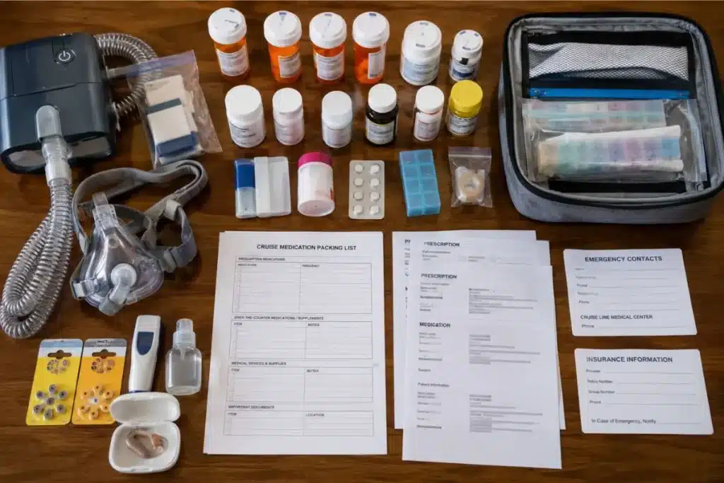 Open organizer showing a cruise medication packing list with bottles and travel supplies