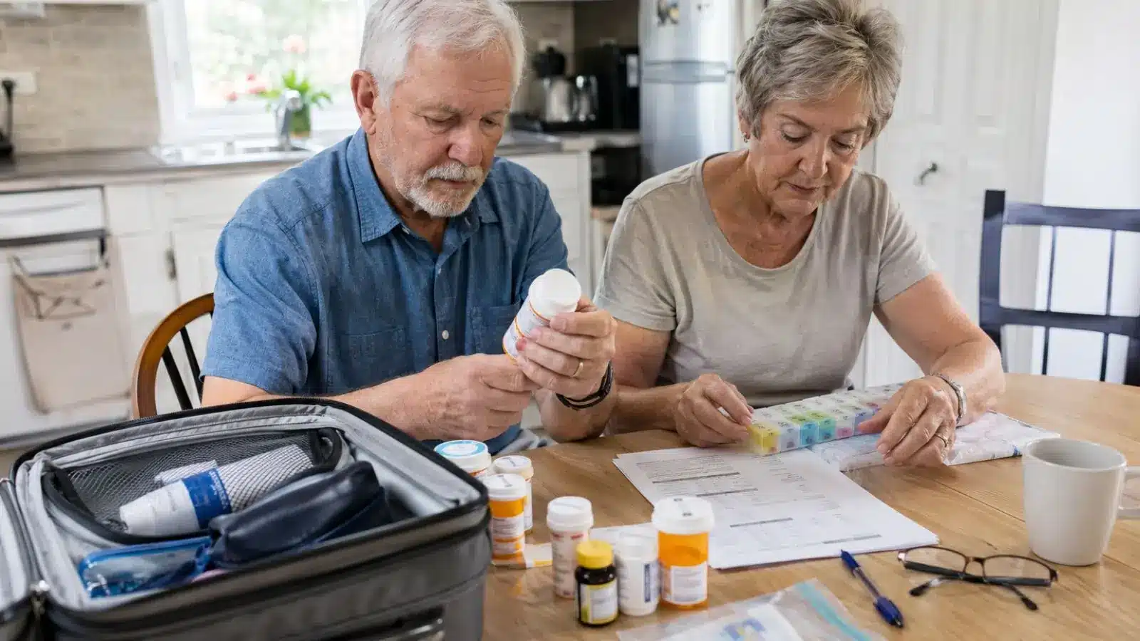 Senior traveler preparing a cruise medication packing list beside an open suitcase