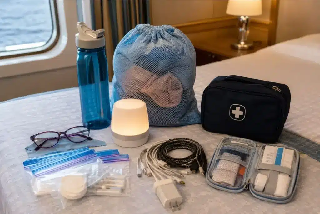 Cabin comfort items in a cruise packing list for seniors on a bed