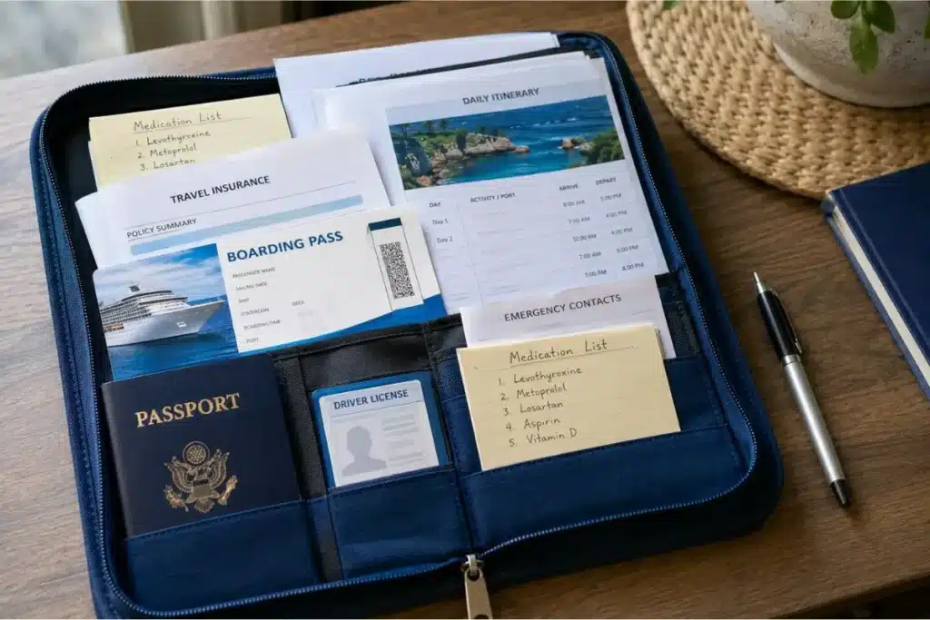 Travel folder showing a cruise packing list for seniors with passport and documents
