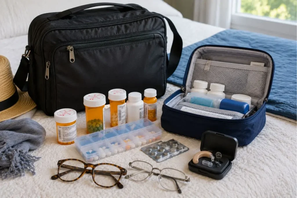 Medication and health items for a cruise packing list for seniors in a carry-on bag