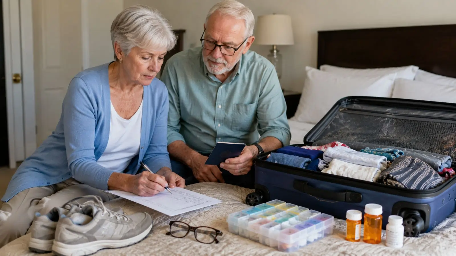 Senior couple preparing a cruise packing list for seniors with suitcase and essentials