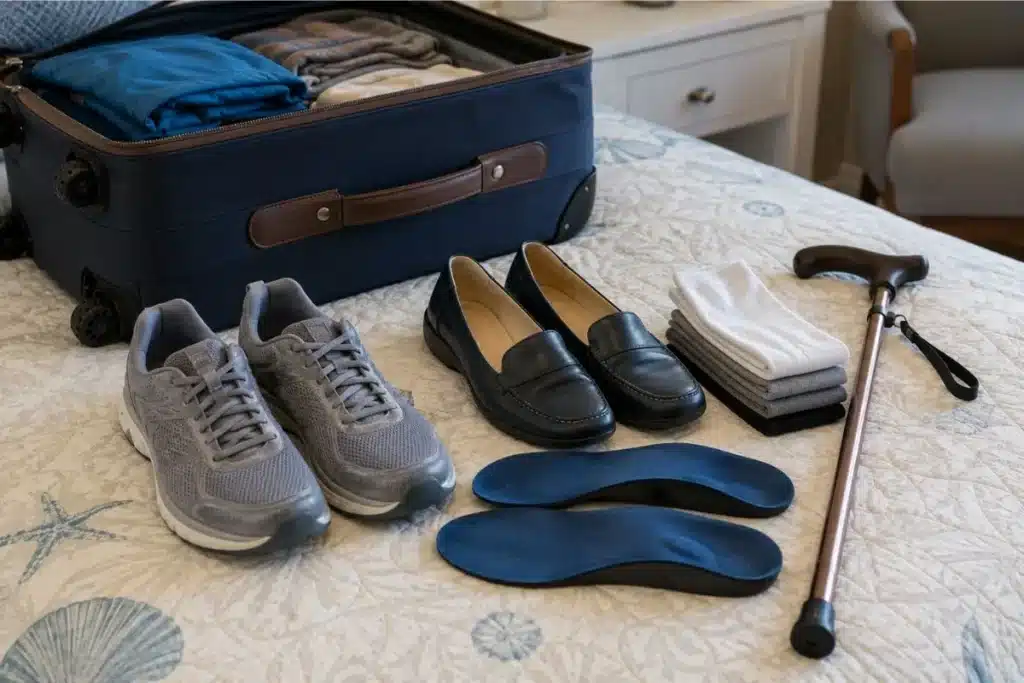 Walking shoes and mobility items for a cruise packing list for seniors