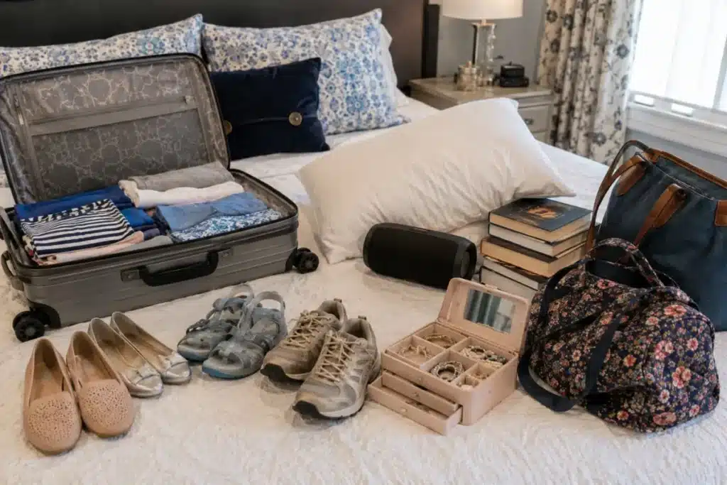 Bulky extras beside a suitcase showing what not to pack on a cruise