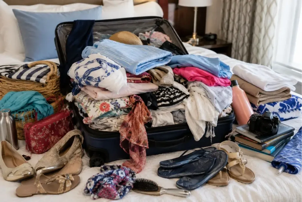 Overpacked suitcase illustrating what not to pack on a cruise for bulky clothing