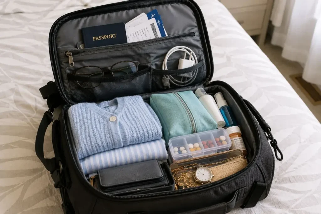Carry-on essentials for what to pack for a cruise checklist pdf in an open bag