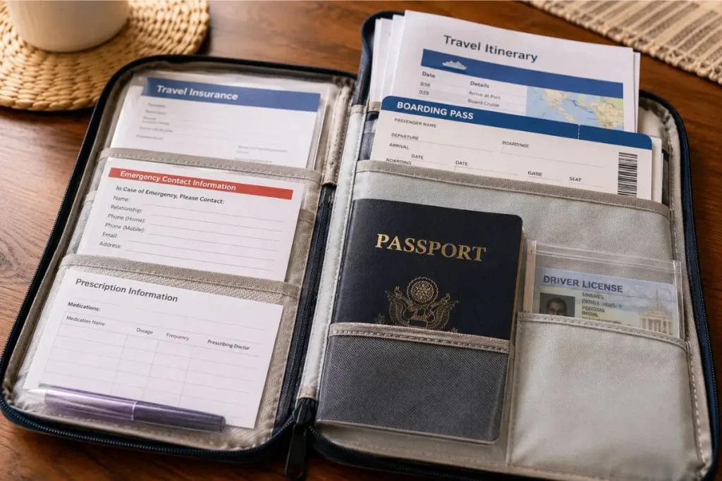 Travel documents for what to pack for a cruise checklist pdf in a folder