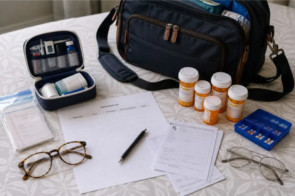 Medication items for what to pack for a cruise checklist pdf beside a carry-on